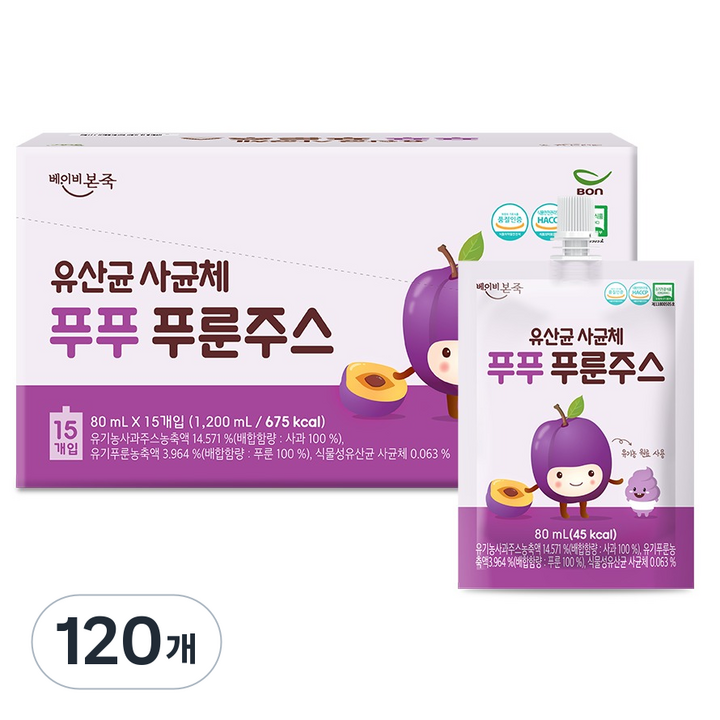 베이비본죽 유산균 사균체 푸푸 푸룬주스, 80ml, 120개