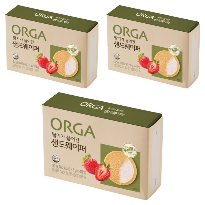 올가홀푸드 딸기가 들어간 샌드웨이퍼, 딸기맛, 32g, 3개