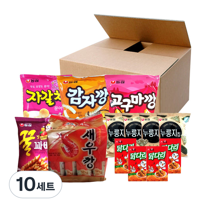농심 닭다리 후라이드 치킨맛 66g x 4p + 새우깡 미니 30g x 4p + 누룽지칩 구운김맛 50g x 4p + 감자깡 42g + 고구마깡 45g + 자갈치 45g + 꿀꽈배기 55g, 10세트