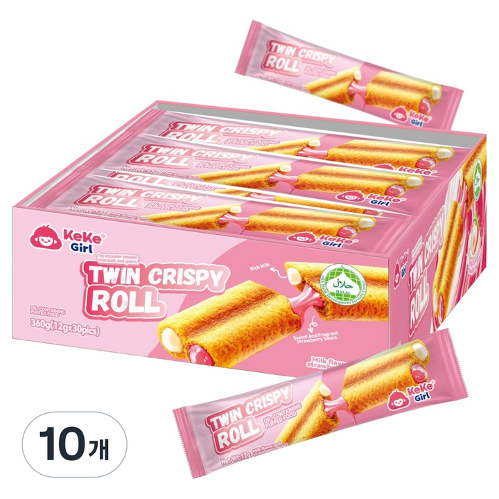 케케걸 트윈 크리스피 롤 밀크 딸기맛 30p, 360g, 10개