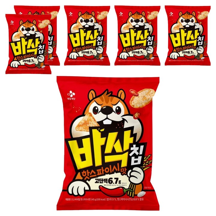 CJ 바삭칩 핫스파이시맛 고단백 쌀과자, 45g, 6개