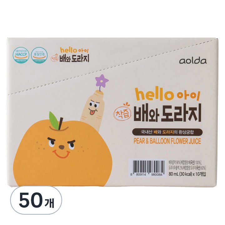 아올다 헬로아이 착즙 배와도라지, 혼합맛(배/도라지), 80ml, 50개