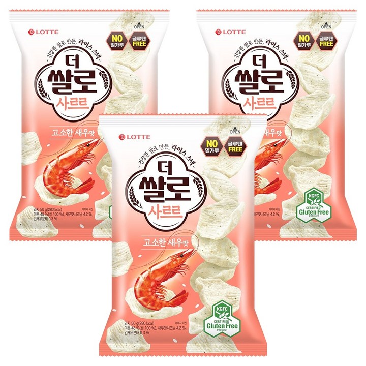 롯데웰푸드 더쌀로 사르르 고소한새우맛, 50g, 3개