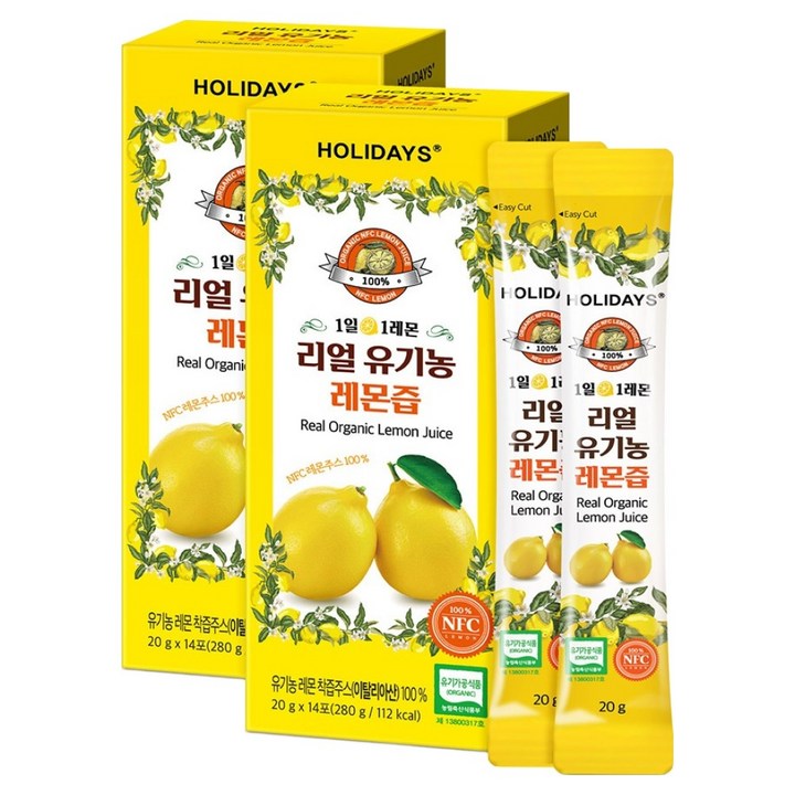 홀리데이즈 NFC 착즙 100% 리얼 유기농 레몬즙 14포, 280g, 2개