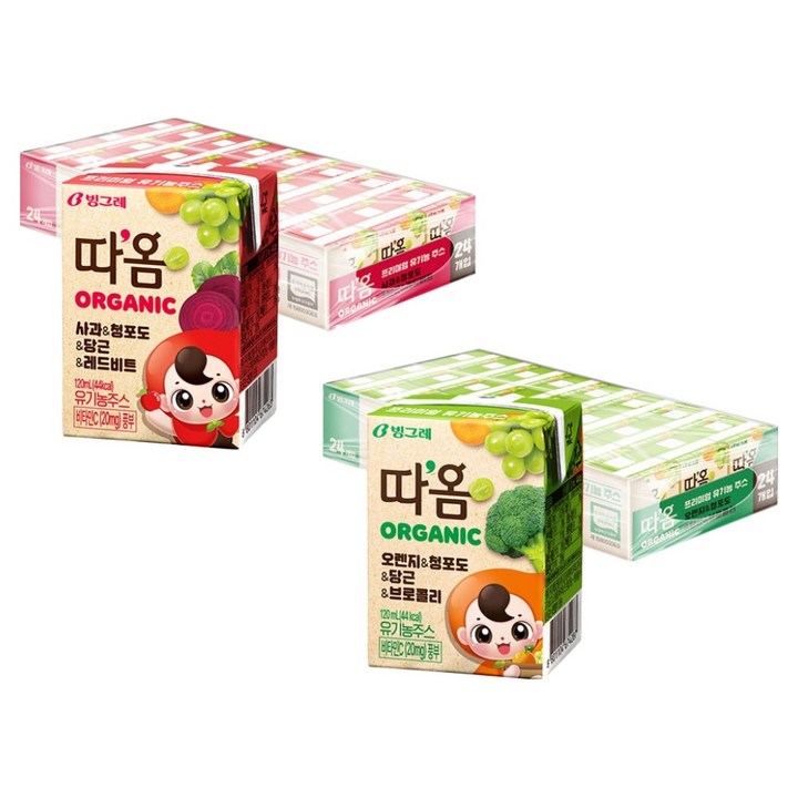 따옴 오가닉 주스 사과 & 청포도 & 당근 & 레드비트 120ml 24p + 오렌지 & 청포도 & 당근 & 브로콜리 120ml 24p, 1세트