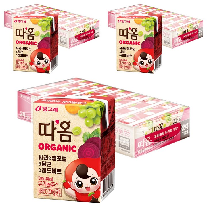따옴 오가닉 주스 사과 & 청포도 & 당근 & 레드비트, 120ml, 72개