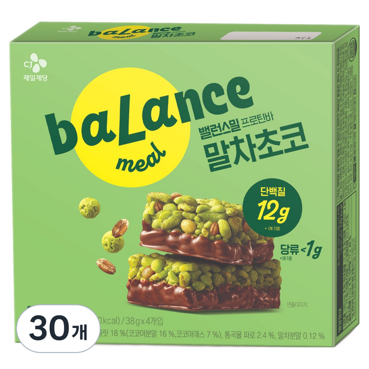 CJ제일제당 밸런스밀 저당 프로틴바 말차초코맛 4p, 152g, 30개