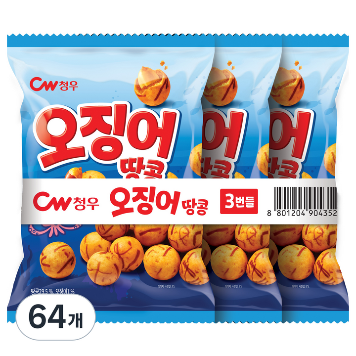 청우식품 오징어땅콩 3p, 90g, 64개