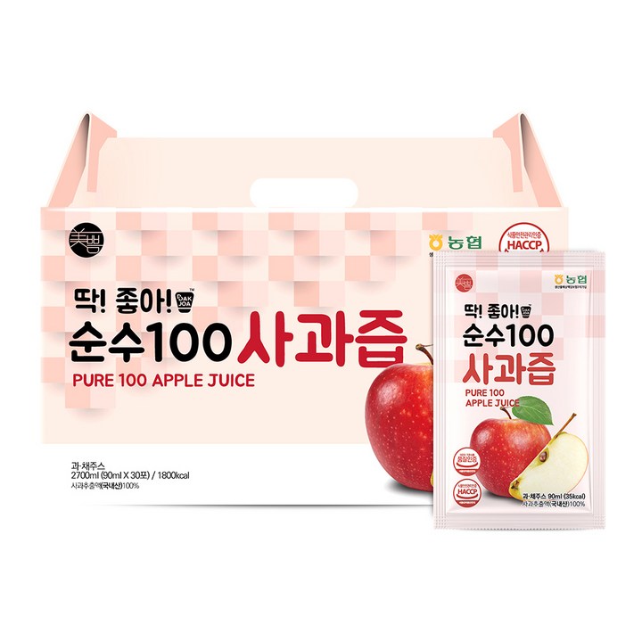 미쁨생활건강 딱 좋아 순수 100 사과즙, 90ml, 30개