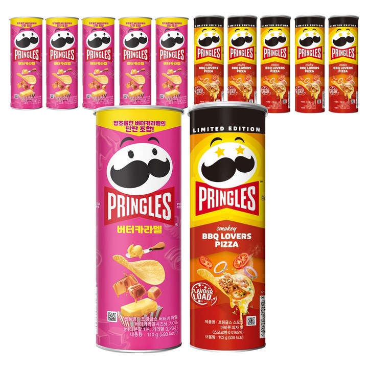 프링글스 감자스낵 스모키 바비큐 피자맛 102g 6p + 버터카라멜 110g 6p, 1세트, 110 g, 102 g