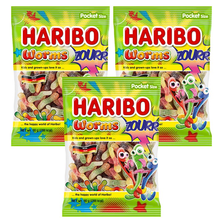 하리보 웜즈 사우어 젤리, 80g, 3개