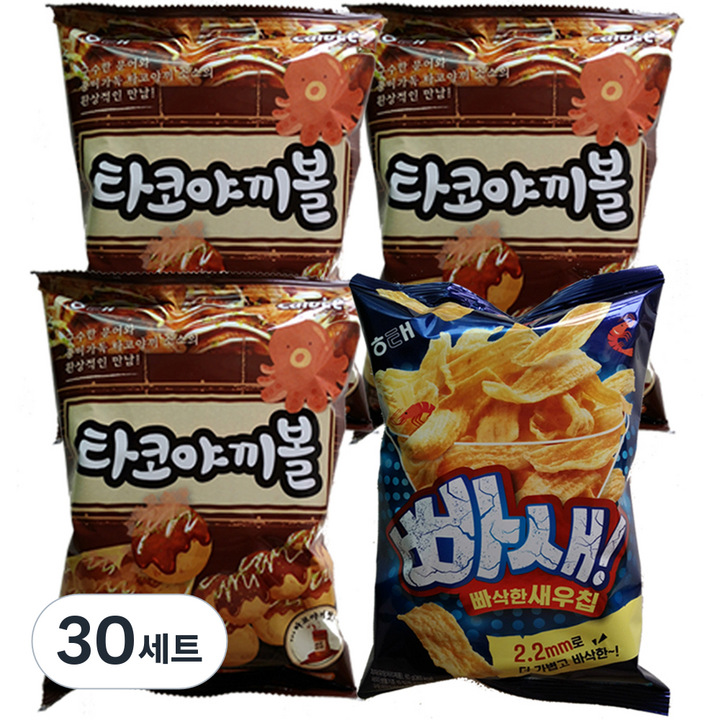해태제과 타코야끼볼 70g x 3p + 빠새 빠삭한 새우칩 60g, 30세트, 70g + 60g