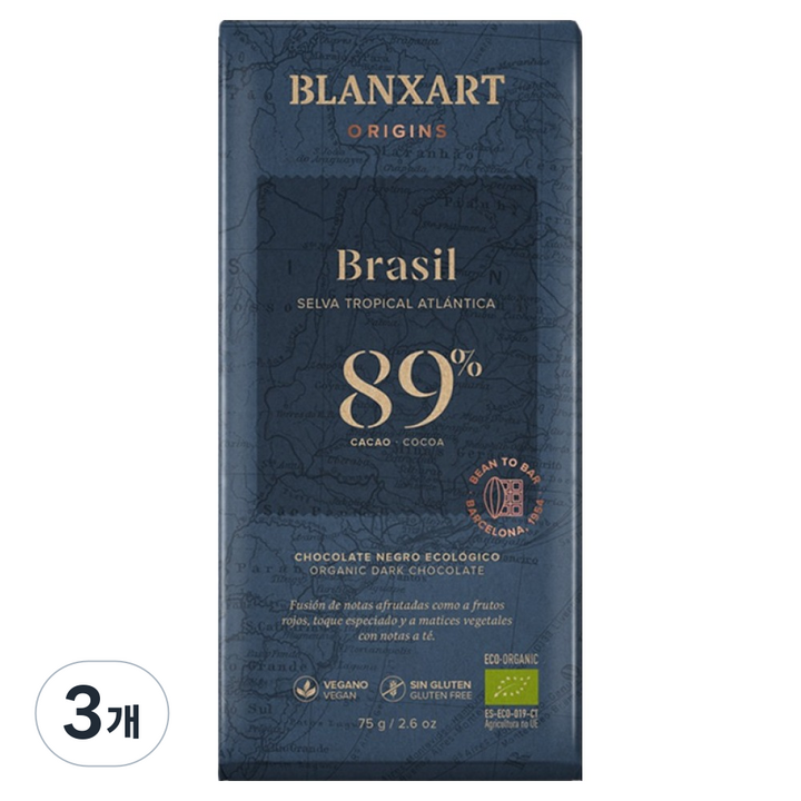 블랑사르트 유기농 다크 89% 빈투바초콜릿, 75g, 3개