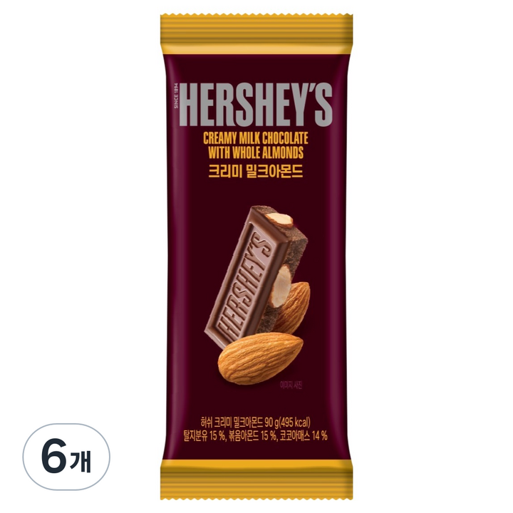 허쉬 크리미 밀크 아몬드 초콜릿 라지바, 90g, 6개