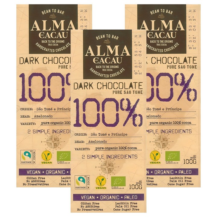 알마카카우 유기농 다크 초콜릿 100%, 100g, 3개