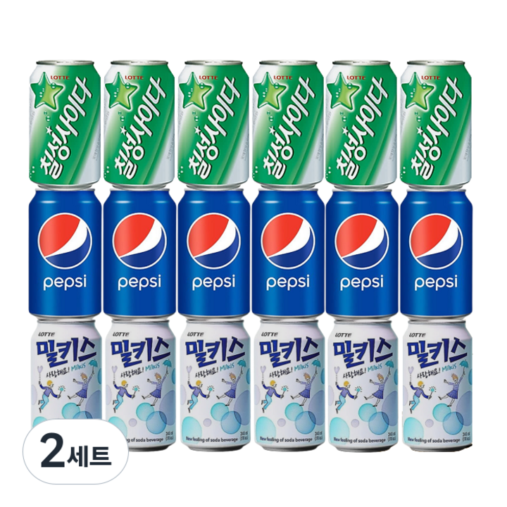 [안녕골목마켓]뚱캔3종_펩시콜라6캔+칠성사이다6캔+밀키스6캔, 2세트, 355ml