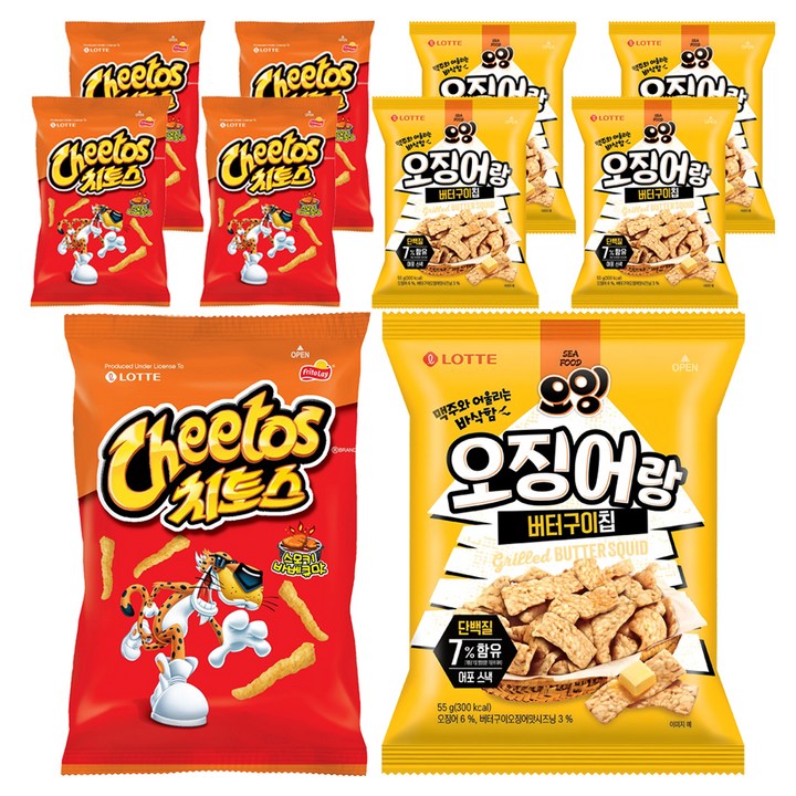 롯데웰푸드 오잉 오징어랑 버터구이칩 55g 5p + 치토스 바베큐맛 82g 5p, 1세트, 55 g + 82 g