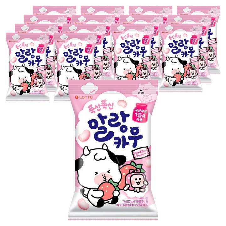 롯데웰푸드 말랑카우 딸기우유 캔디, 79g, 15개