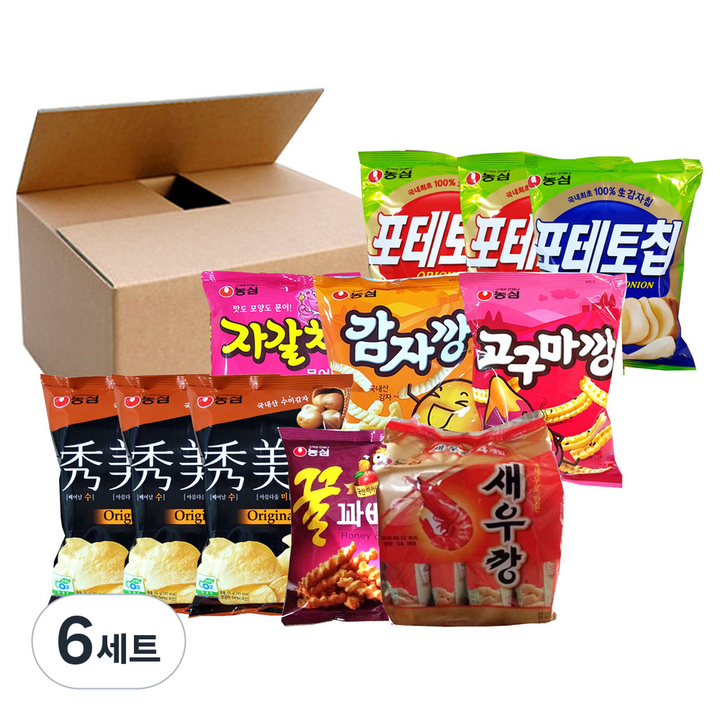 농심 감자깡 42g + 고구마깡 45g + 자갈치 45g + 꿀꽈배기 55g + 새우깡 미니 30g x 4p + 수미칩 오리지널 55g x 3p + 포테토칩 오리지널 60g x 2p + 사워크림어니언 60g, 6세트