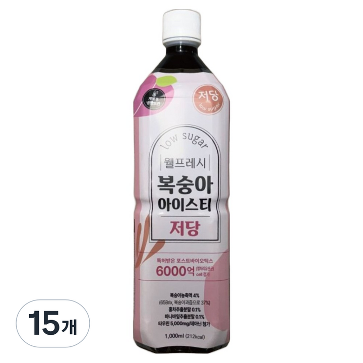 웰프레시 복숭아 저당 아이스티, 15개, 1L