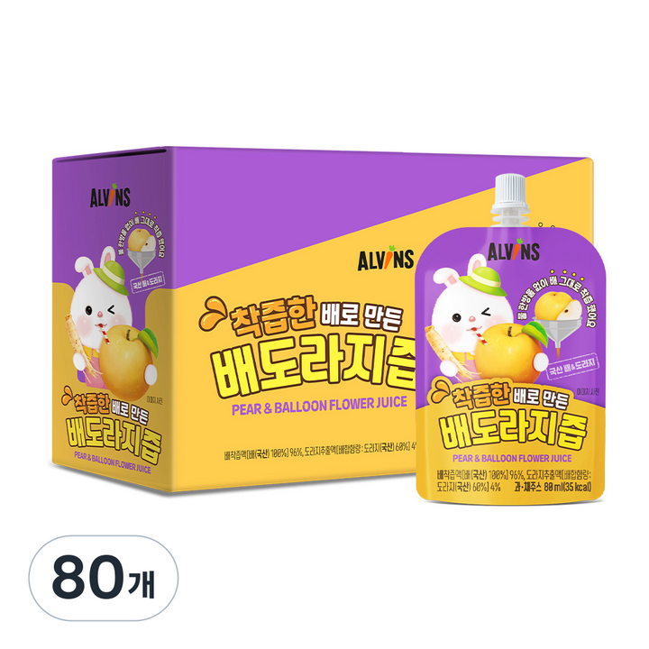 엘빈즈 착즙한 배로 만든 배도라지즙, 80ml, 80개, 혼합맛(배/도라지)