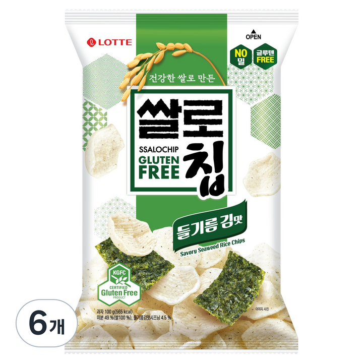 롯데웰푸드 쌀로칩 들기름 김맛, 100g, 6개