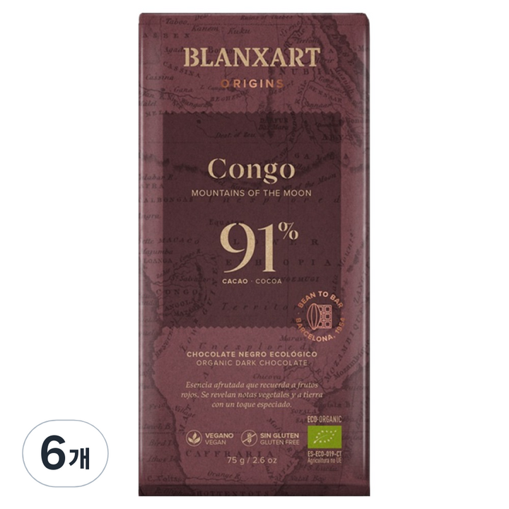블랑사르트 유기농 다크 91% 빈투바 초콜릿, 6개, 75g