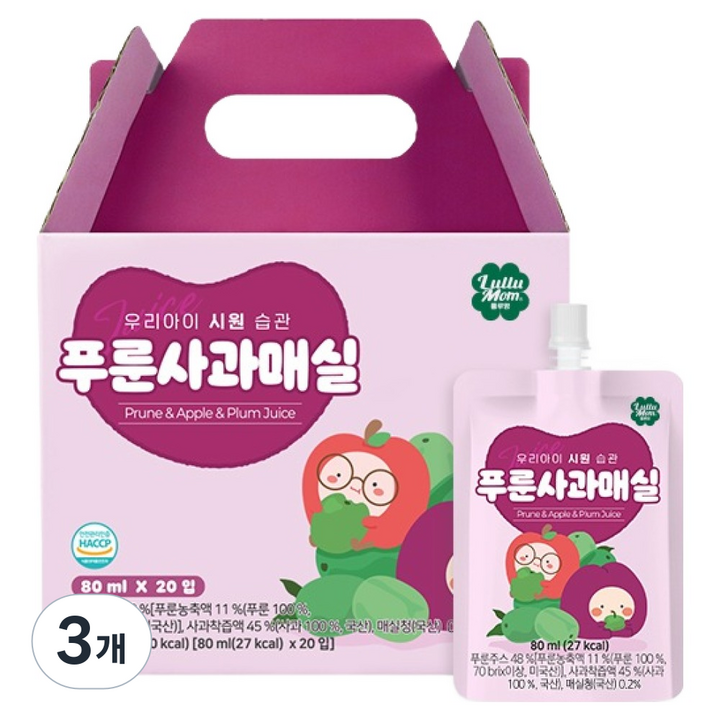 룰루맘 우리아이 시원습관 푸룬사과매실 주스, 80ml, 60개