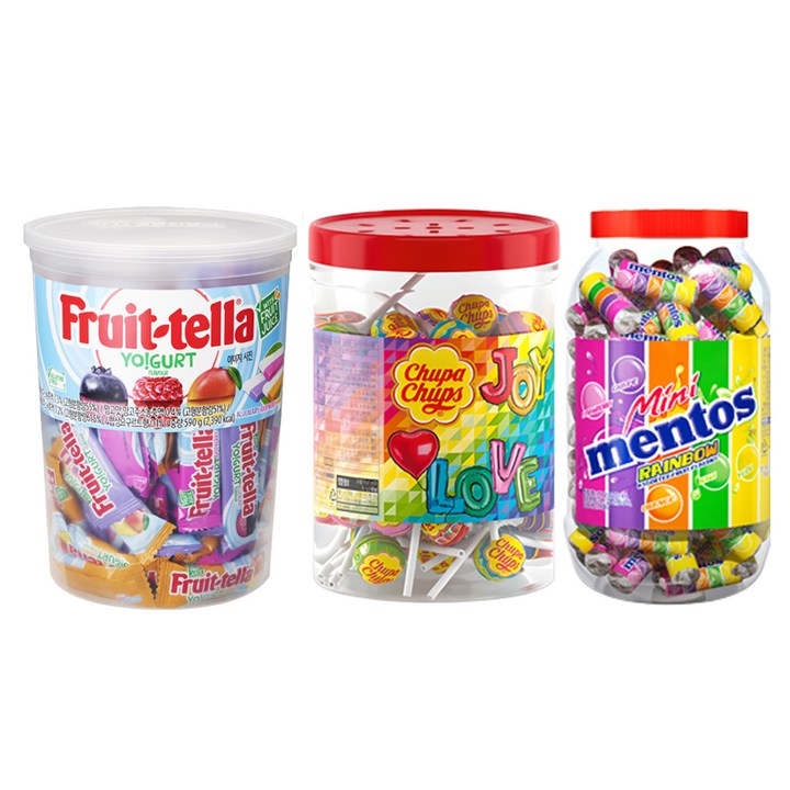 츄파춥스 미니튜브 550g + 후르트텔라 요구르트 590g + 미니멘토스 뉴레인보우 1kg, 1세트, 550 g + 590 g + 1kg