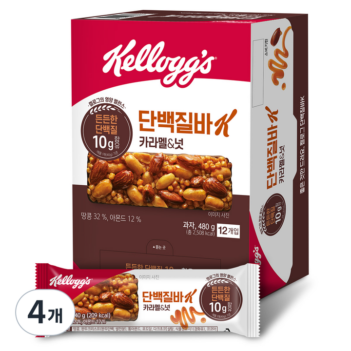 켈로그 단백질바K 카라멜&넛 12p, 480g, 4개