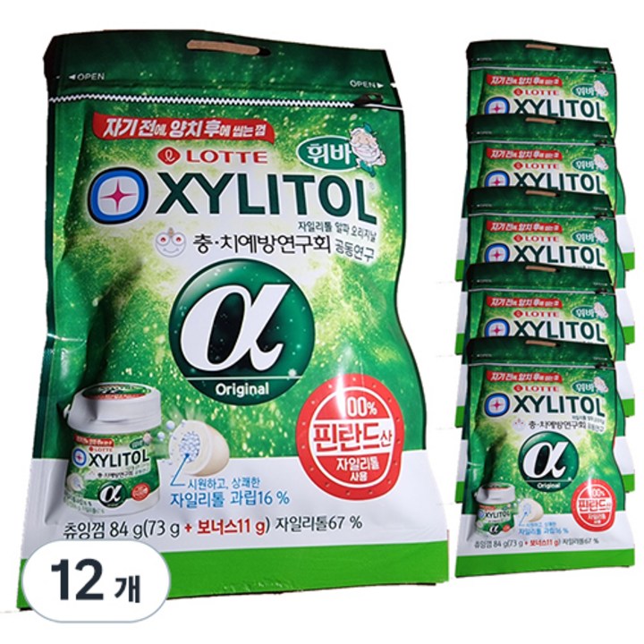 롯데자일리톨 알파 오리지날 껌 리필, 84g, 12개
