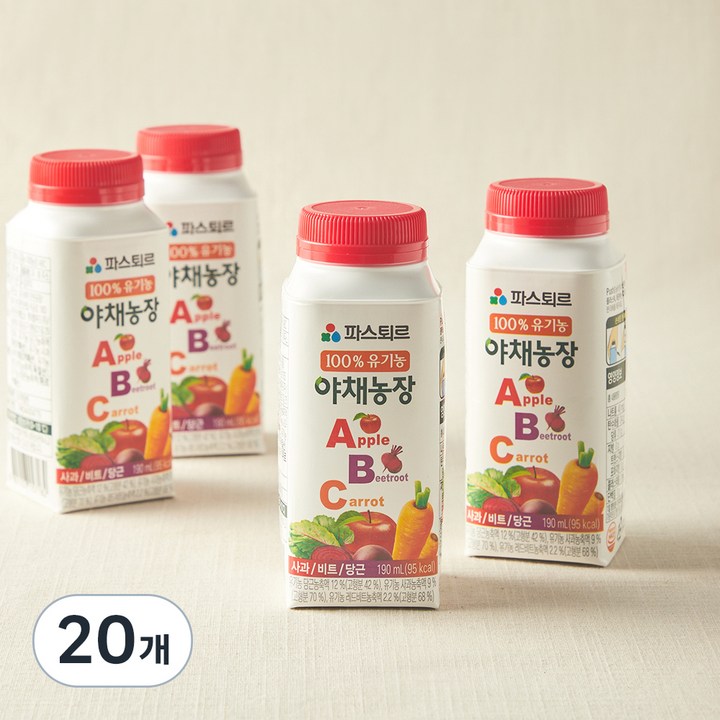 파스퇴르 유기가공식품 인증 야채농장 ABC 과채 주스, 190ml, 20개