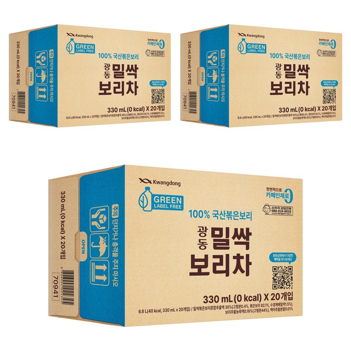 광동제약 밀싹 보리차 그린 무라벨, 330ml, 60개