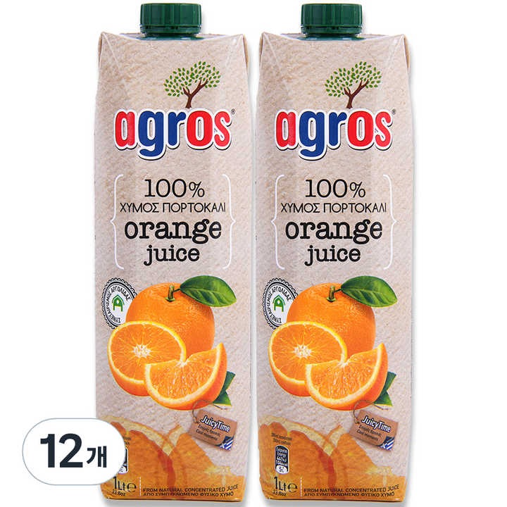 아그로스 100% 오렌지주스, 12개, 1L