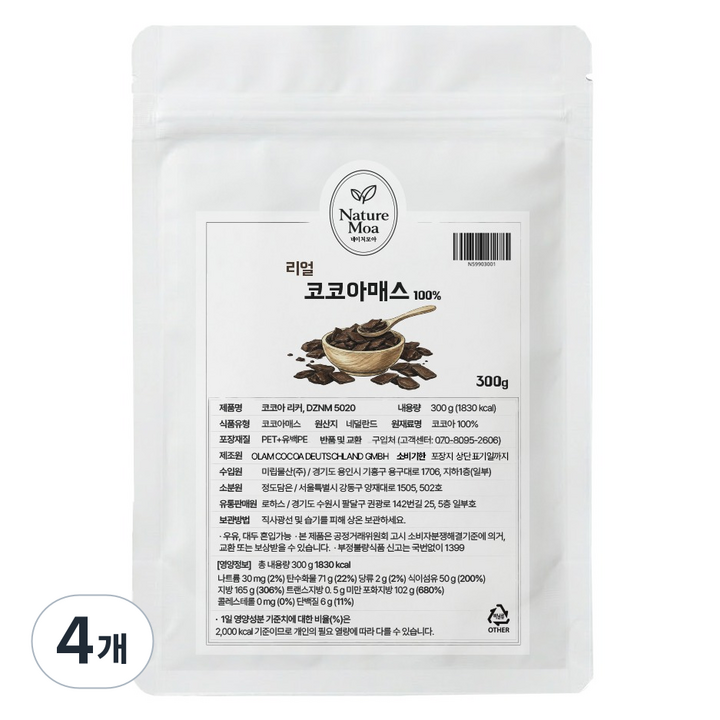 리얼 코코아매스 100% 다크초콜릿, 300g, 4개, 1개입