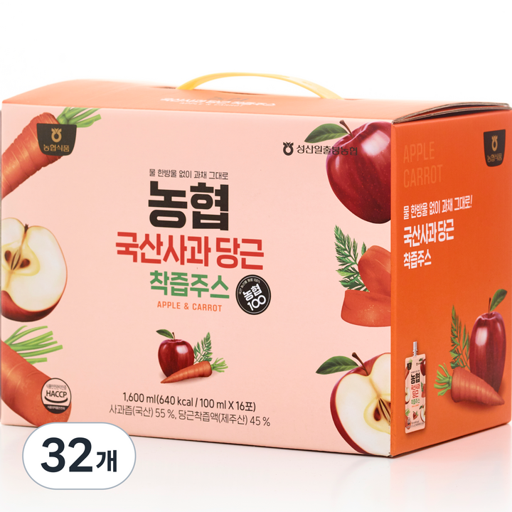 농협 국산 사과 당근 착즙주스, 100ml, 32개