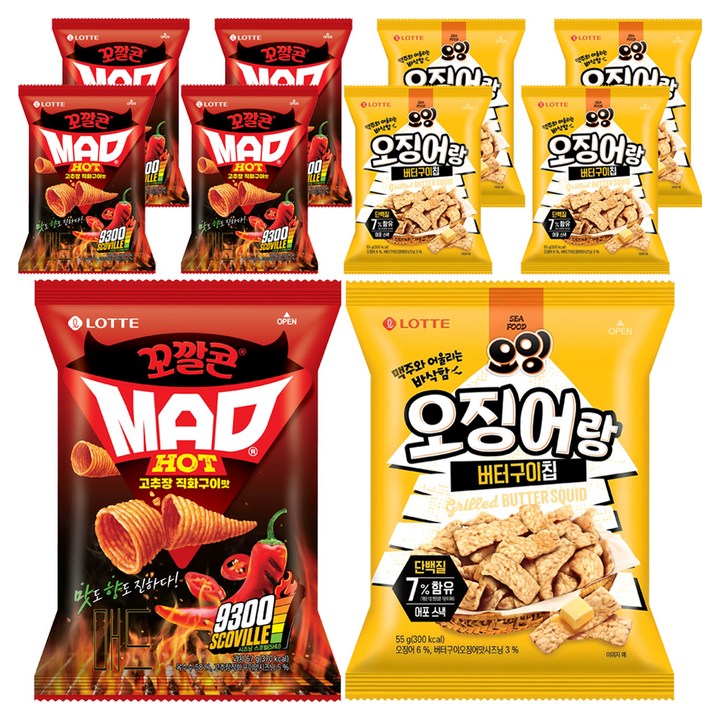롯데웰푸드 오잉 오징어랑 버터구이칩 55g 5p + 꼬깔콘 MAD HOT 고추장 직화구이맛 67g 5p, 1세트