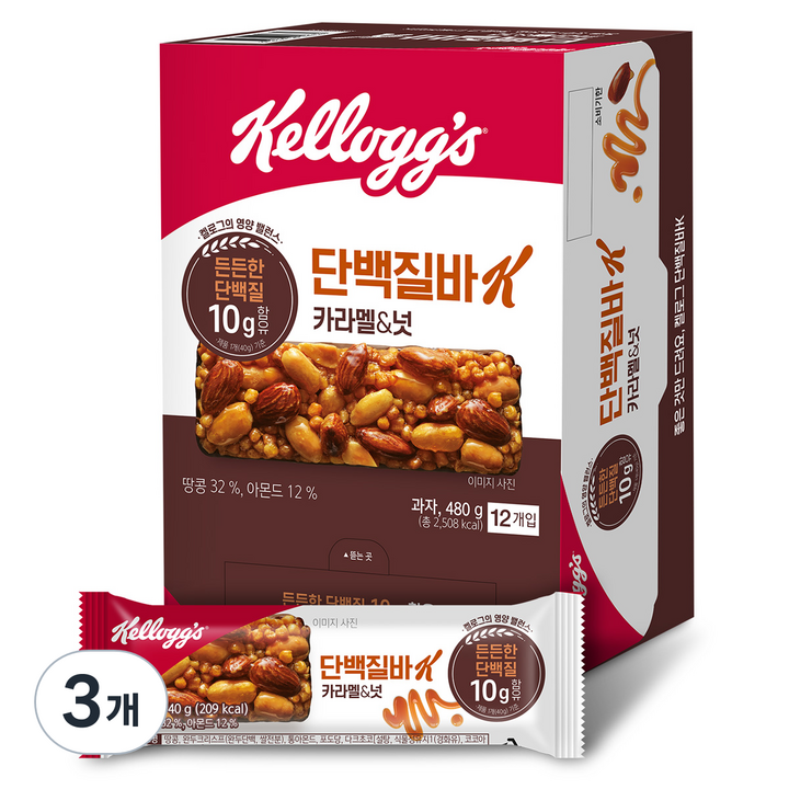켈로그 단백질바K 카라멜&넛 12p, 480g, 3개