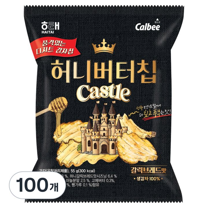 해태제과 허니버터칩 캐슬 갈릭브레드, 55g, 100개