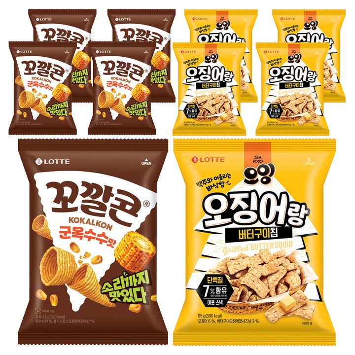 롯데웰푸드 오잉 오징어랑 버터구이칩 55g 5p + 꼬깔콘 군옥수수 67g 5p, 1세트