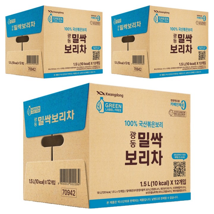 광동제약 밀싹 보리차 그린 무라벨, 1.5L, 36개