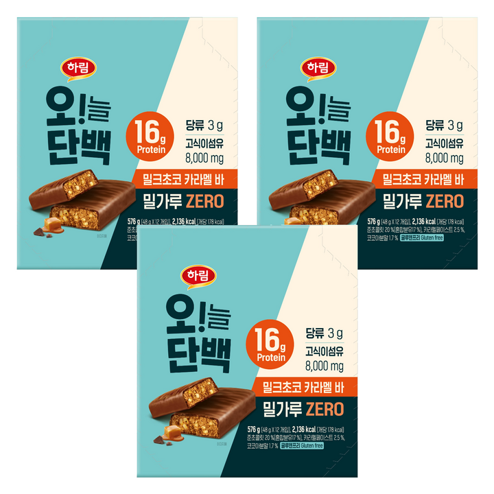 하림 오늘단백 밀크초코 카라멜바 12p, 576g, 3개