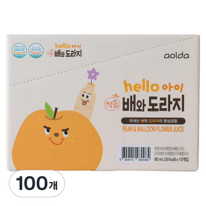 아올다 헬로아이 착즙 배와도라지, 80ml, 100개