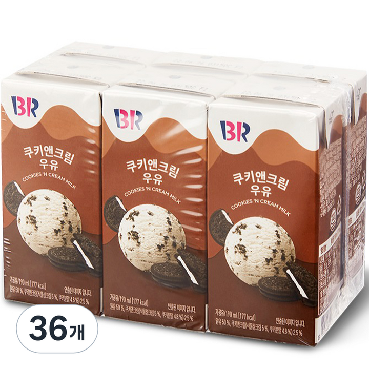 배스킨라빈스 쿠키앤크림 우유, 190ml, 36개