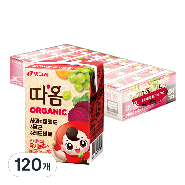 따옴 오가닉 주스 사과 & 청포도 & 당근 & 레드비트, 120ml, 120개