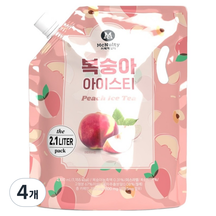 맥널티커피 대용량 복숭아 아이스티 파우치, 2.1L, 4개