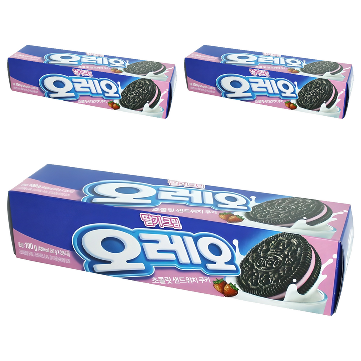 오레오 초콜릿 샌드위치 쿠키 딸기크림, 100g, 3개