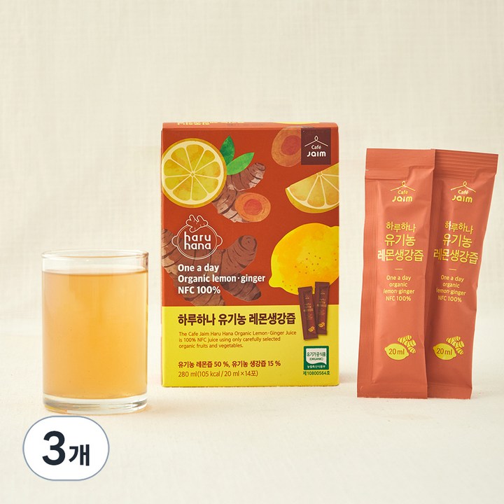 jaim 유기가공식품 인증 하루하나 생강레몬즙 14개입, 280ml, 3개
