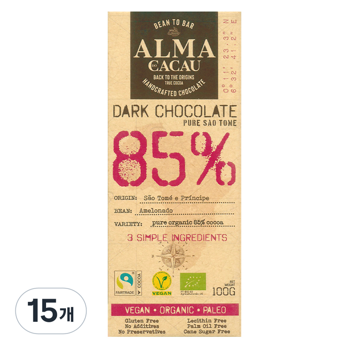 알마카카우 유기농 다크초콜릿 85%, 100g, 15개