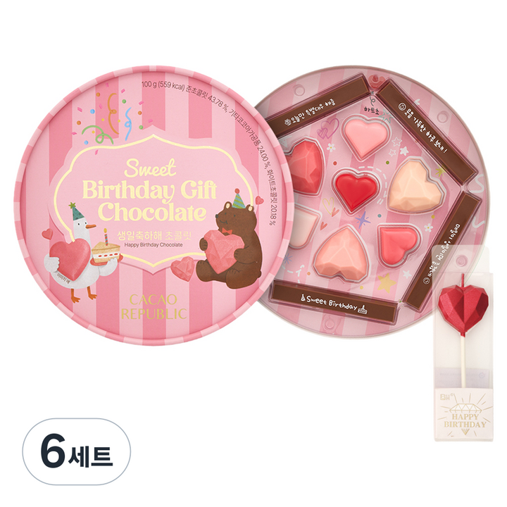 카카오리퍼블릭 생일축하해 초콜릿 100g + 하트 초 선물세트, 6세트